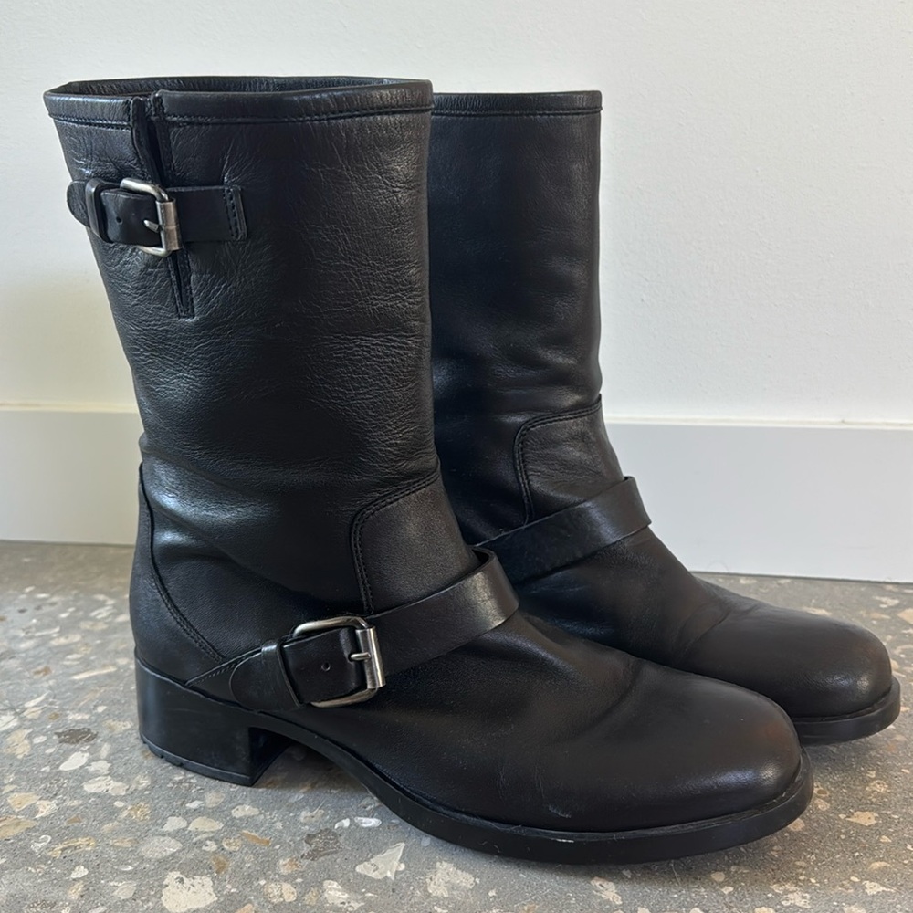 AGL Attilio Giusti Leombruni Black Leather Motorcycle Mid Calf Boots Size 8.5 39